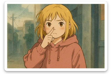 A girl yellow hair brown eyes pink Urban Heavy Loose Fit Hood Sweat touch your nose  sticker