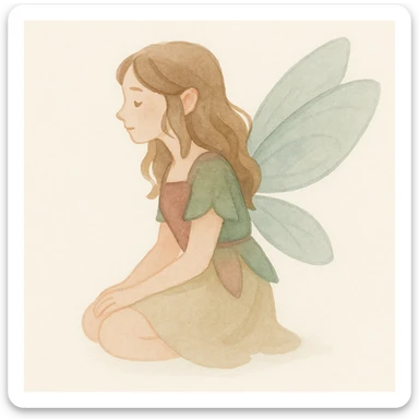 fairycore girl with brown, light pink, and green fairy clothes and wings, light brown hair, magical and whimsical, watercolor art style sticker