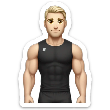 Pale skinned Fit Man With the biceps and dark brown hair in black shirt, gray sports shorts and white Sneakers Scales of the back of the head sticker