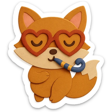 Refine the image by removing any excess or awkward body parts of the baby fox, making the pose cuter and more cohesive. Keep the heart glasses and party horn, and maintain the paper-craft style and color palette. sticker