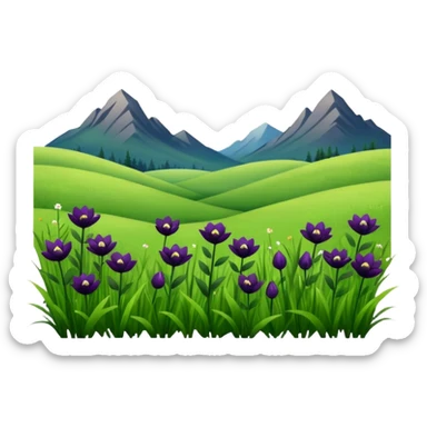 meadow with deep green grass and dark flowers, daytime sticker