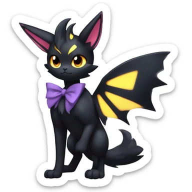 Shiny Dark Cool Edgy Black beautiful ethereal fantasy Kawaii Sona Umbreon-Noibat-Litten-Fakemon-cat-animal with edgy bat-ears bow tie black mane vtuber model Full Body sticker
