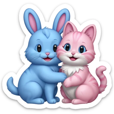 blue bunny and pink cat laughing sticker