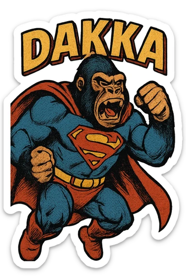 an angry gorilla dressed like superman in a super hero pose with the name DAKKA above it sticker