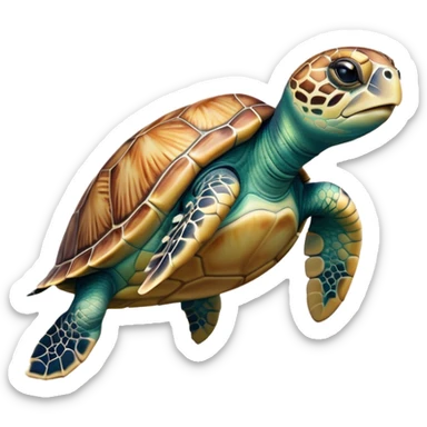 Cinematic Realistic Cute Sea Turtle Portrait Emoji, Head tilted playfully and inquisitively, featuring a compact, gentle form with a beautifully detailed shell adorned with natural patterns and a soft, expressive face with sparkling eyes, rendered with realistic textures and warm ambient light; high shine, affectionate and spirited, styled with a touch of marine whimsy, soft glowing outline, capturing the essence of a mischievous yet lovable sea turtle that seems ready to swim playfully into your arms! sticker