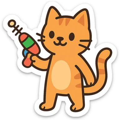 flat toon style cat with a playful ray gun sticker