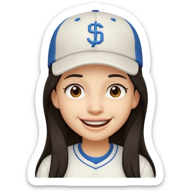 Digital illustration of a cartoon character with a big smile on its face and winking with one eye. The character has long dark hair and is wearing a white baseball cap and casual clothes. The overall style of the illustration is cute and playful. sticker