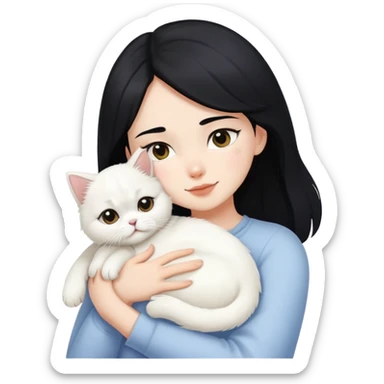 One black hair girl hugging one white puppy and one white persian cat sticker