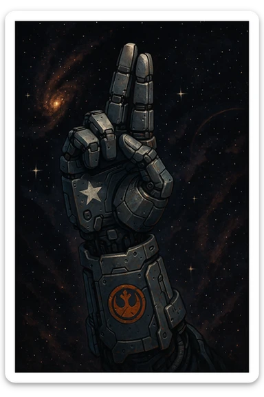 Mano robótica haciendo el gesto de saludo o7, fondo de galaxia, estilo rebelde y futurista, colores oscuros, detalles espaciales sticker