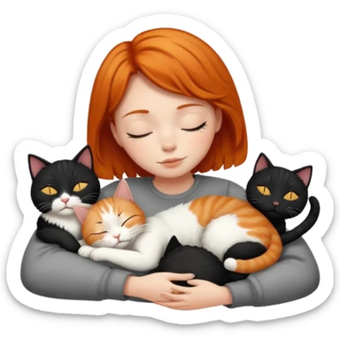 Ginger Girl short hair sleeping with two cats a black and a white bigger cat  sticker