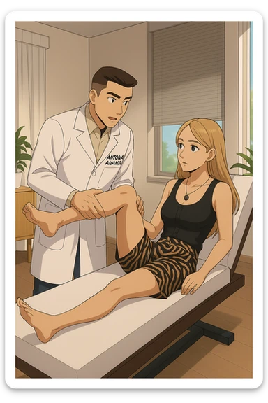 fai un webtoon/manga a colori con questo kinesiologo in camice bianco (fagli la scritta "ANTONIO ANANIA" SUL CAMICE) CHE SVOLGE UN TEST NEUROMUSCOLARE SOLLEVANDO UNA GAMBA ALLA RAGAZZA CHE è STESA SU UN LETTINO BIANCO. STANZA SEMPLICE E MODERNA, DURANTE IL TEST I DUE DIALOGANO TRA LORO. NON FARE I FUMETTI, FAI SOLO LORO COME SE DIALOGASSERO sticker