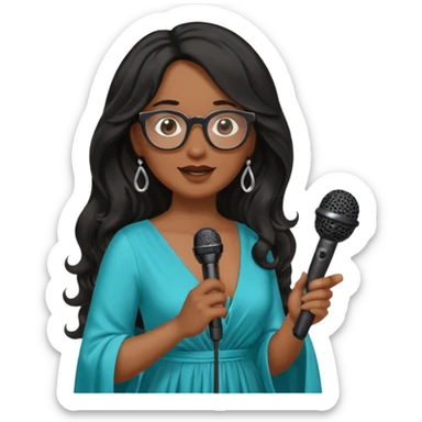 singer, Middle age, long wavy black hair, brown skin, wearing dress, holding mic, glasses sticker