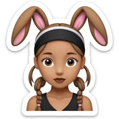 "A tan-skinned person with a high brown ponytail wearing a headband with black bunny ears. The character is dressed in a stylish black outfit. The emoji style should be cute, expressive, and modern — simple but detailed enough to show the ponytail, bunny ears, and outfit clearly." sticker