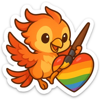 A phoenix holding a brush, applying colors inside a heart emoji, energetic and friendly feeling, modern lines sticker
