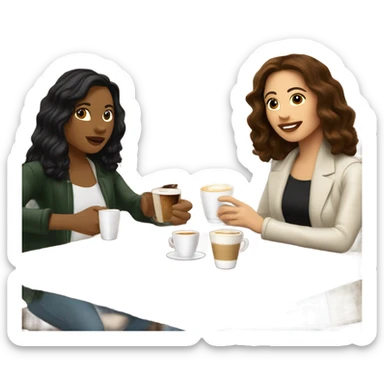 puerto rican woman light skin with shoulder-length, wavy, brown hair drinking latte with Italian Roman woman with black, straight hair drinking espresso at table sticker