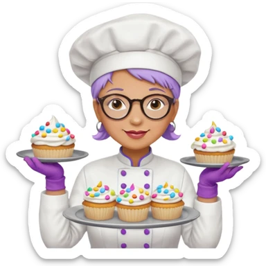 Older female pastry chef – round glasses, oven mitts on, holding a tray of cupcakes

 sticker