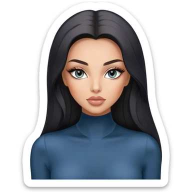 Glamours, tanned, very beautiful girl, with big pump peach-beige-rose lips, long long lashes, black straight smooth silky long hair, straight parting hair, blue-grey eyes in black long-sleeves bodysuit sticker