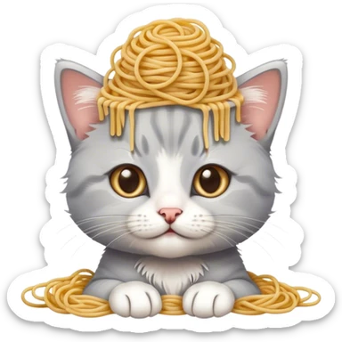 gray and white kitten with spaghetti on its head sticker