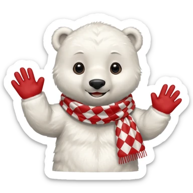 baby Polar Bear, smiling, hi five, wearing red Checkered Triangle scarf sticker