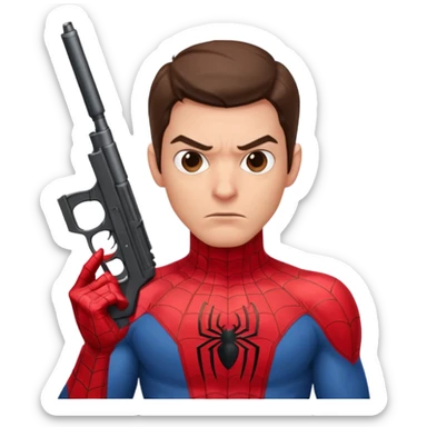 spiderman holding a gun to the side of his temple sticker