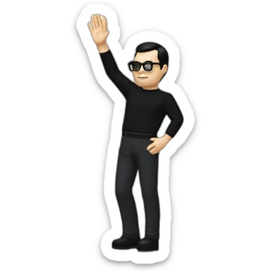 small photo realistic left arm waving Ralf Hutter from Kraftwerk, short straight black hair, Dark Brown eyes, black glasses, thin, black shirt, right side view sticker