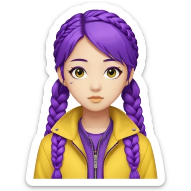 kpop hunters Rumi purple hair one large braid, asian, yellow jacket and wearing eyeliner sticker