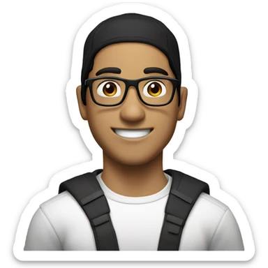 A happy gamer with Dark hair, a black cap and glasses sticker