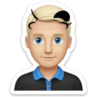 Avatar pic male 35 years old gray hair blue eyes clean shaven blonde eyebrows high cheekbones sly smile long eyelashes wearing a black golf shirt sticker