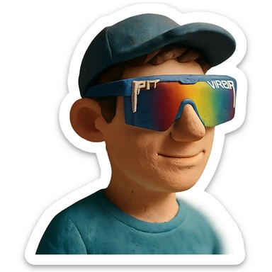 claymation style guy with brown hair, baseball cap, wearing polarized Pit Viper glasses sticker