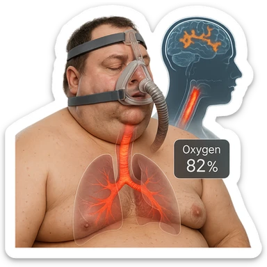 hyper-realistic medical CGI of overweight man with CPAP mask, airway still partially compressed, trachea walls with red heat map, oxygen at 82%, brain scan overlay with disrupted sleep, 4K, clinical sticker
