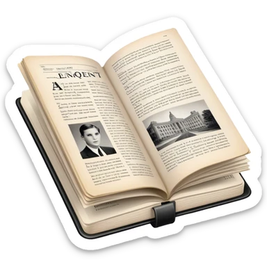 Icon for Non-Fiction & Narrative Reading: an open book with historical facts and narrative text on the pages, featuring black-and-white photos, news clippings, and an open folder with top-secret documents. Transparent background. sticker