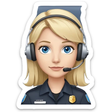 911 dispatcher dark gray uniform, blue eyes, blond hair, head set sticker
