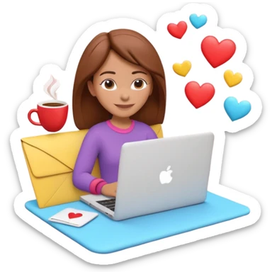 3D clay character relaxed with laptop and coffee, floating icons (envelope, heart, dollar), colofrful outfit, floating icons, white laptop, Pixar style, transparent background sticker