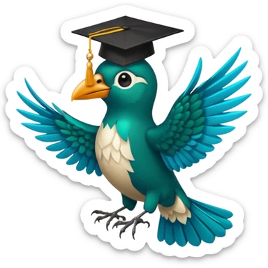 Un COLIBRÍ con birrete de graduación y que el colibrí sea turquesa oscuro, que este se vea bastante realista  sticker