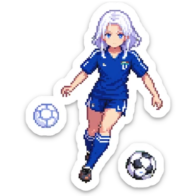 Nagi Seishiro from Blue Lock, pixel art style, mid-dribble, white hair, blue soccer uniform sticker