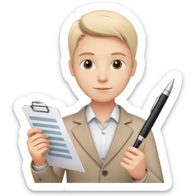 a person holding a checklist and pen, wearing smart casual clothing. The character is in a focused pose sticker