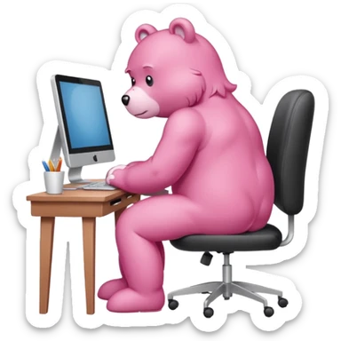 Pink Care bear sad in suit back view, sit on a chair, working on a computer, with a big desk sticker