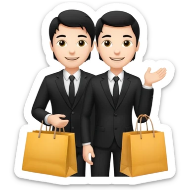 a white elegant man black hair in a black suit with clothing shopping bag sticker