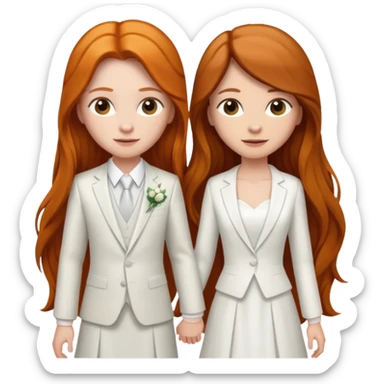 two girls getting married. one long haired ginger in a suit. one long haired brunette in a dress sticker