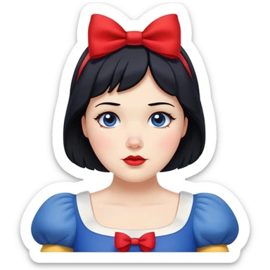 Snow White from hips up, blue and yellow dress, short black hair with red bow, minimal style, larger size sticker