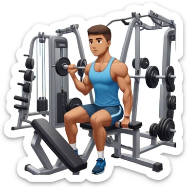 A focused athlete working out on a strength training machine in a modern gym. Muscles engaged, expression determined, demonstrating power and endurance. The gym is filled with equipment like dumbbells, barbells, and mirrors reflecting effort, creating a high-energy atmosphere. sticker