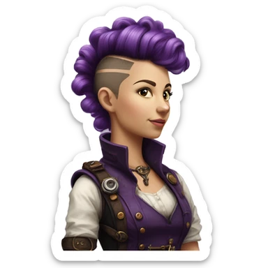 Photorealistic steampunk profile short mohawk purple  curl on Caucasian girl with small nose sticker