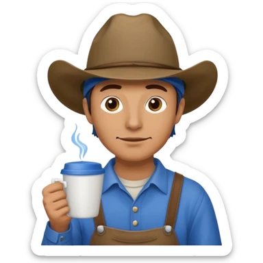 Ranch hand with blue hat and coffee mug sticker