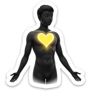 minimalist b&w male silhouette with flowing black-and-white curves across the lower body, now overlaid with a small, softly glowing spark or radiant light near the chest or head — heart symbolizing inspiration, inner fire, and creative energy awakening” yellow glow sticker