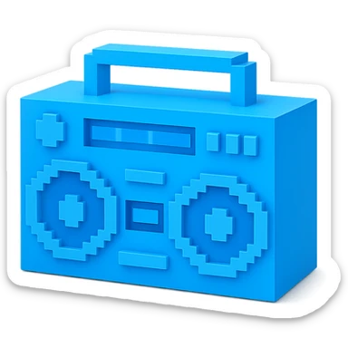 A boombox in voxel style, front view, blue color sticker