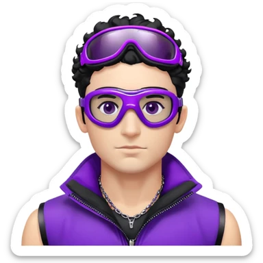 male athlete with white skin and moderately curly black hair on top with shaved sides, wearing ski goggles with purple frames and very dark black lenses, a simple plain black chain necklace, and an open shiny purple vest showing his chest and abs, no earrings sticker