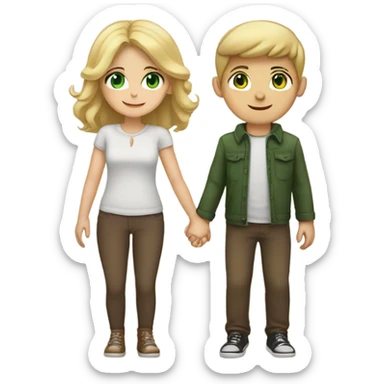 Blond boy with green eyes and brunette girl with brown eyes hold hands in love sticker
