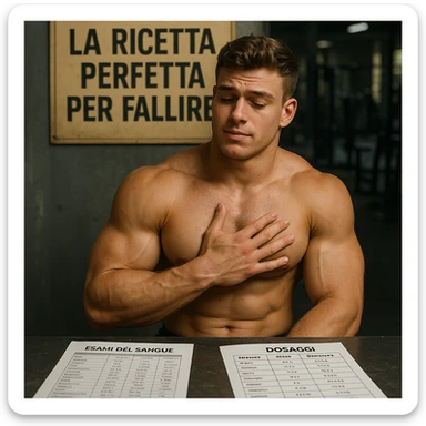 realistic young muscular bodybuilder with a confident but naive expression, ignoring blood test sheets and dosage tables in Italian on the table, touching his chest relying on feelings, superficial atmosphere, gym background, sign with text 'La ricetta perfetta per fallire', 4K quality sticker