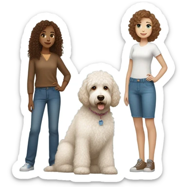 girl with curly brown hair and blue eyes , light skin with white and brown Labradoodle sticker