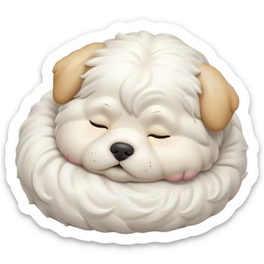 Cinematic Chubby Sleeping Wavy-Haired Maltese dog Portrait Emoji, Chubby and serene, with a round, adorable build and a soft, wavy-haired white coat, eyes gently closed in peaceful slumber, Simplified yet irresistibly endearing features, highly detailed, glowing with a gentle, dreamy glow, high shine, relaxed and content, stylized with a touch of whimsy, bright and heartwarming, soft glowing outline, capturing the essence of a blissfully sleepy companion, so comically serene it feels like it could roll out of the screen and snore with adorable charm! sticker